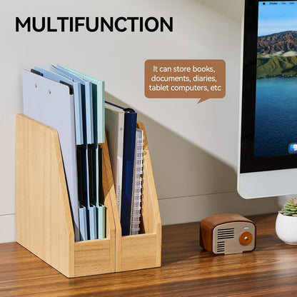 KIRIGEN Wood File Folder Holder Desktop Document Rack Organizer Desk Paper Holder Storage Sorter 2 Packs 2TWJJ-NA