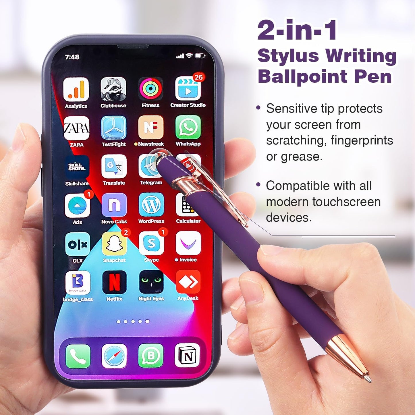 Bribobo 8 Pack Ballpoint Pen 2-in-1 Stylus Retractable Ballpoint Pen with Stylus tip, Metal Stylus Pen for Touch Screens, 1.0 mm Black Ink