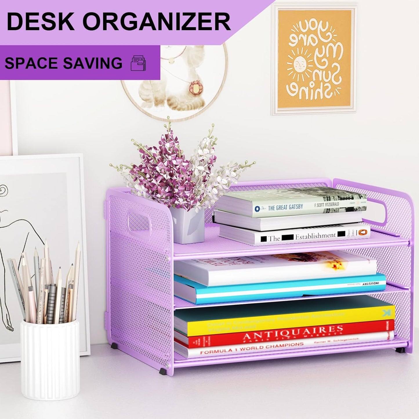 3 Tier Paper Letter Tray Organizer for Desk, Mesh File Folder Document Organizer with Handle for Home Office Supplies Desktop Accessories, Pink