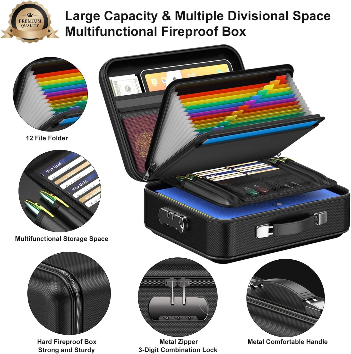 COLCASE Fireproof Document Box with Lock, Hard Fireproof Waterproof Box Creative Hard-Shell Design Fireproof Safe Box Document Organizer for Important Documents Certificates Laptop Passports Black
