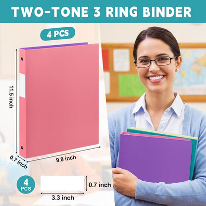 Henoyso 4 Pack Plastic Two-Tone View 3 Ring Binder, 1 Inch Round Ring Binder with Four Inner Pockets, Heavy Duty View Binders for School and Office, Pink, Teal, Purple and Lime (Clear Font Pocket)