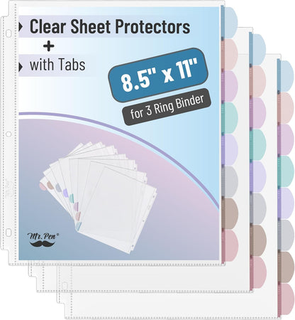 Mr. Pen- Clear Sheet Protectors with Tabs, 8.5x11 Inches, 8 Tabs, 2 Sets, Durable Clear Plastic Dividers for 3 Ring Binders, Insertable Index Page Divider with Multicolor Tabs