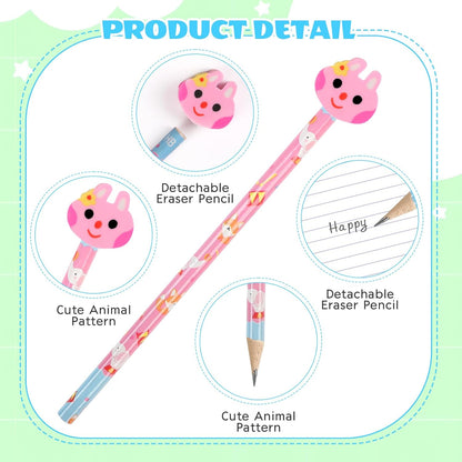 DERAYEE 24PCS Cute Pencils with Fruit Animal Top Eraser, Fun Wooden Pencil for Kids Students Reward Prize Classroom Party Favors