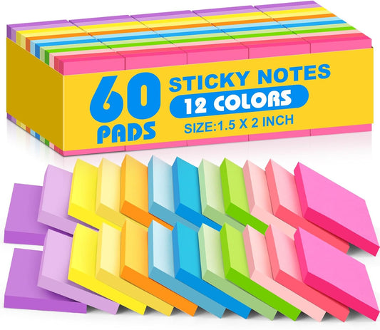 (60 Pack) Sticky Notes 1.5x2 Inches, 12 Bright Colors Self-Stick Note Pads Premium Mini Sticky Notes, Bulk Sticky Notes Pads for School, Office, Home