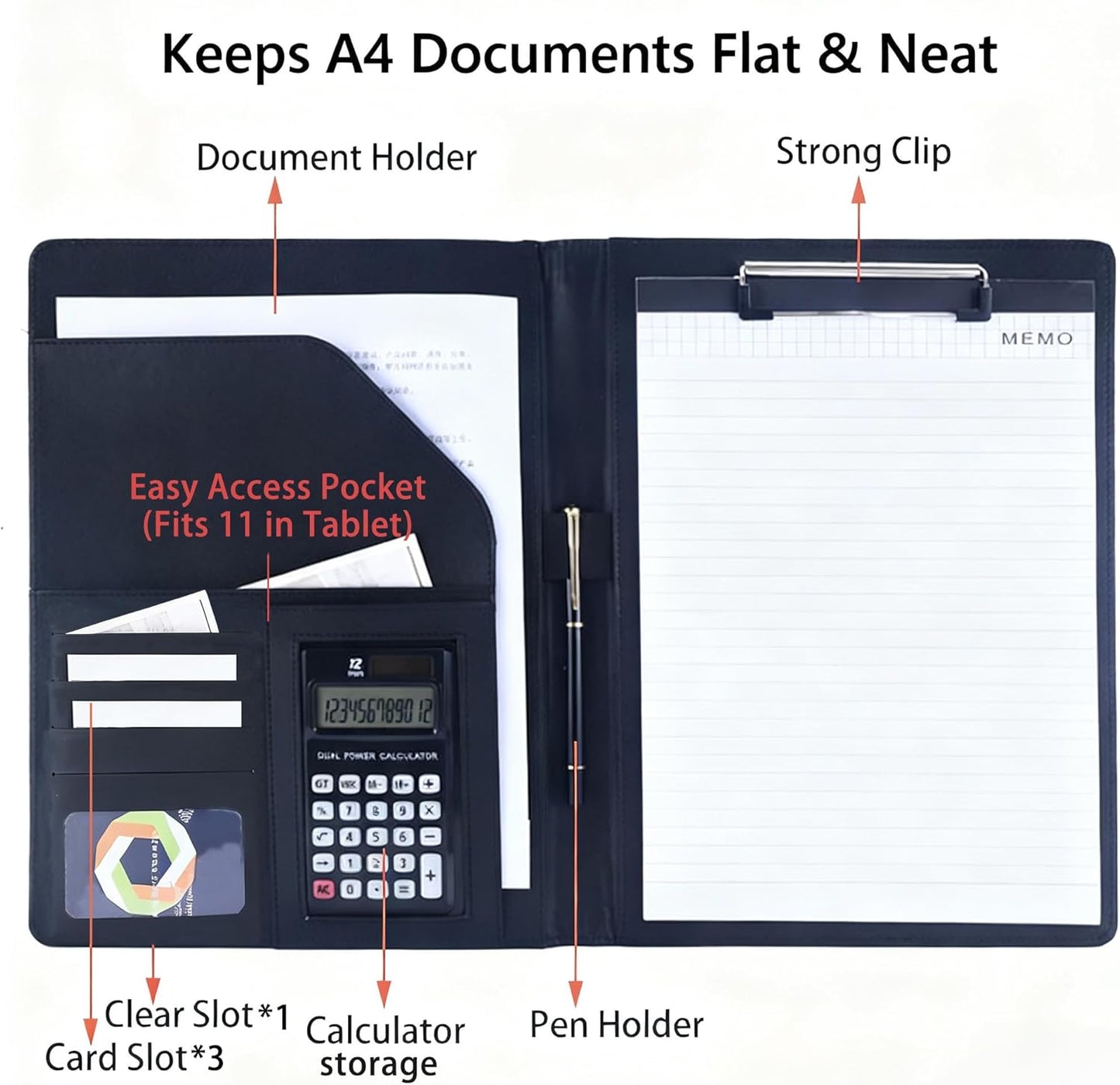 FXNT Professional A4 Clipboard Folder - PU Leather Padfolio Organizer with Clipboard, Business Portfolio for Resume, Documents, Meetings (Black)