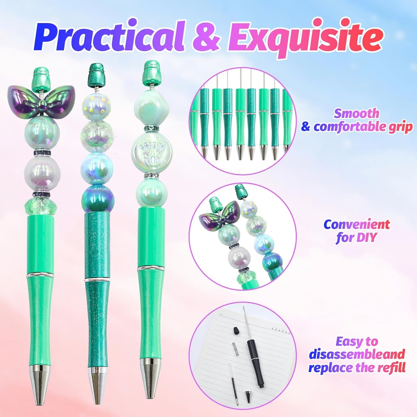 150 Pieces DIY Beadable Pen Kit – 50 Plastic Ballpoint Pens with Refills & Bags, Beads Not Included – School Supplies, Office Accessories & Craft Gifts for Students & Teachers (Multicolor)