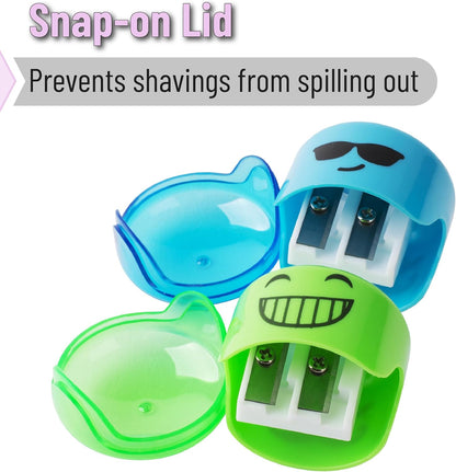 Mr. Pen- Pencil Sharpeners Manual, 48 Pack, Dual Hole, Smiley, Bulk Handheld Pencil Sharpener, Compatible with Standard and Jumbo Pencils, Snap-on Lid, Stainless Steel Blade, Back to School Supplies