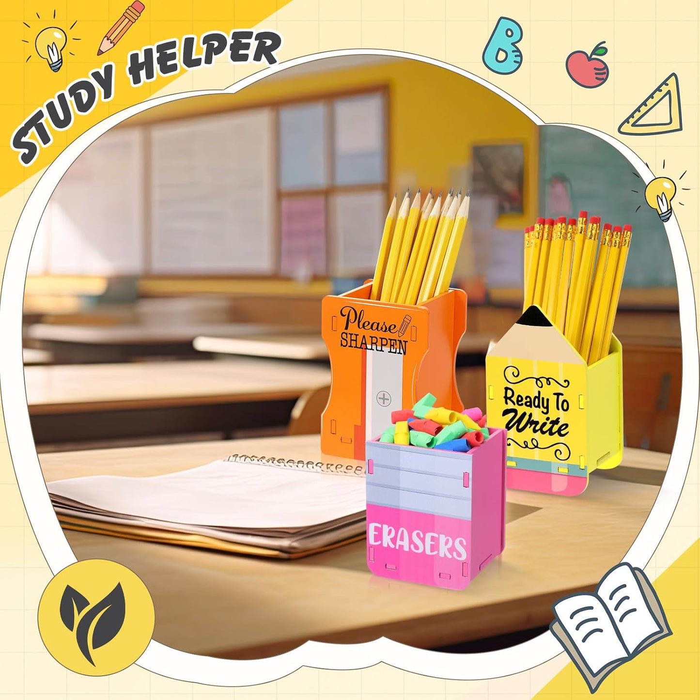 AmazingSpark 3 Pcs Pencil Shaped Holder Sharp and Eraser and Dull Holder Wooden Dispenser Pencil Storage Organizer for Back to School Management Organization (Classic)