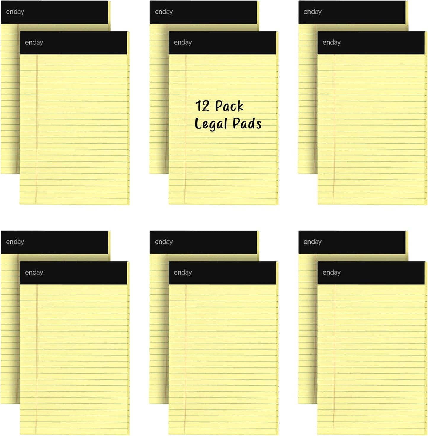Yellow Legal Notepads 5x8, Pack of 6 - legal Ruled Writing Pad. Perforated Edge. Canary Yellow, Universal, Junior Size, 50 sheets per Pad. By Enday