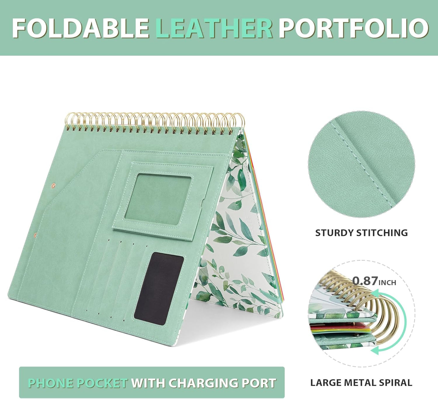 Ospelelf Clipboard with Storage for Women, Leather Padfolio Portfolio Organizer 5 Folders with 10 Pockets, Spiral Clipboard Folio with Notepad for Letter Size, Elastic Closure and Pen Loop Floral