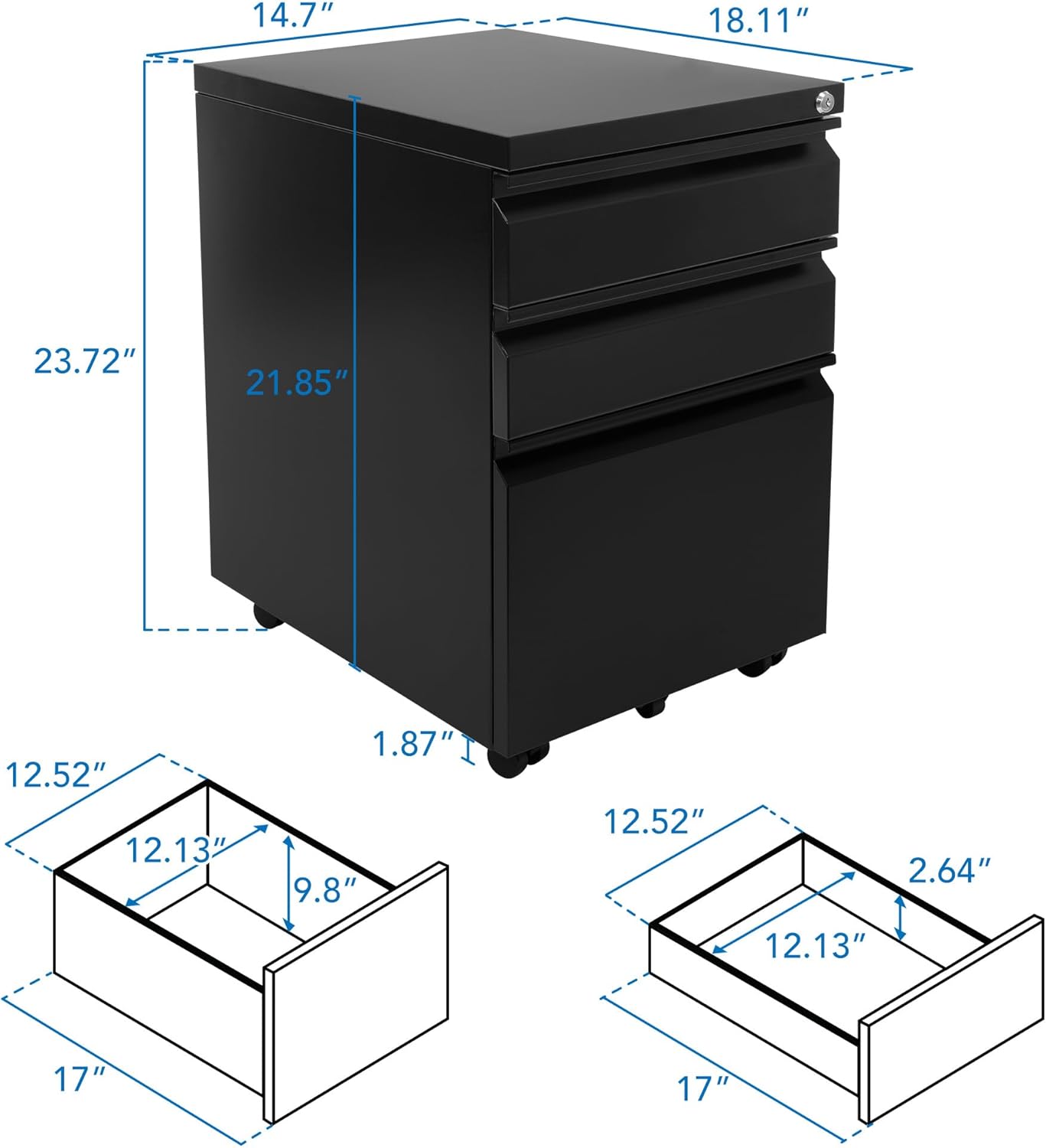Mount-It! 3 Drawer File Cabinet with Lock and Wheels, Heavy-Duty Steel Rolling Drawer Cabinet, Fully Assembled Under Desk Filing Cabinet for Home Office Storage, 15.3" W x 19.75" D x 24.5" H, Black