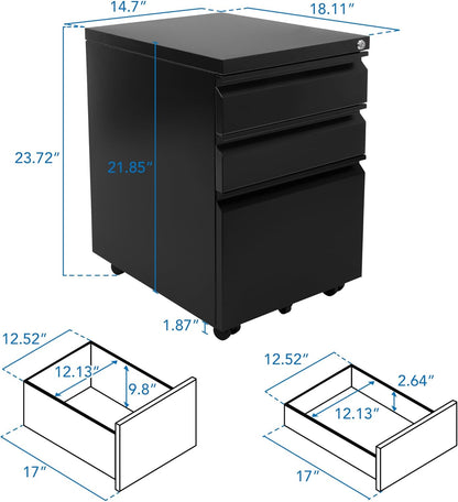 Mount-It! 3 Drawer File Cabinet with Lock and Wheels, Heavy-Duty Steel Rolling Drawer Cabinet, Fully Assembled Under Desk Filing Cabinet for Home Office Storage, 15.3" W x 19.75" D x 24.5" H, Black