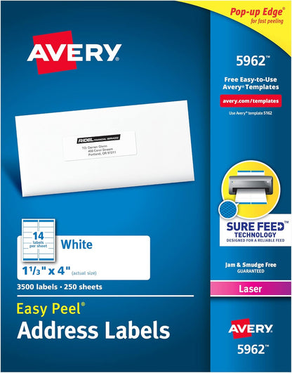 Avery Easy Peel Printable Address Labels with Sure Feed, 1-1/3" x 4", White, 1,400 Blank Mailing Labels for Laser Printers (5162)