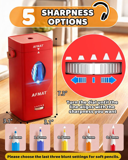 AFMAT Electric Pencil Sharpener, Rechargeable & Cordless, Fully Automatic Pencil Sharpener for Classroom, Auto in & Out, 5 Sharpness Modes, Heavy Duty Sharpeners for 6-12mm No.2/Jumbo Pencils PSC7
