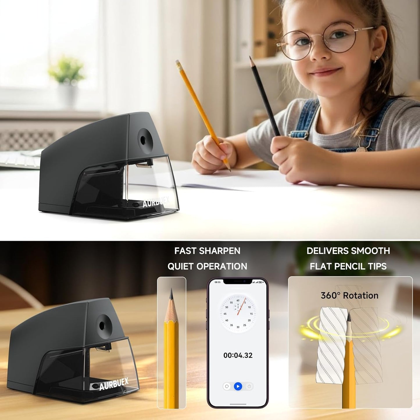 Electric Pencil Sharpener for 6 to 8 mm Pencils Helical Blade Fast 4 Second Sharpening Large Shavings Bin Non Slip Feet Safe Design for Classroom Office and Home(S1131)