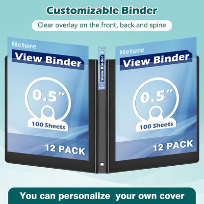 Heture 3 Ring Binder 1 Inch 12 Pack, 1" Clear View with Round Rings, PVC-Free,Holds for 200 Sheets 8.5“ x 11" US Letter Size Paper, Durable White Binders Perfect for Office,School and Home