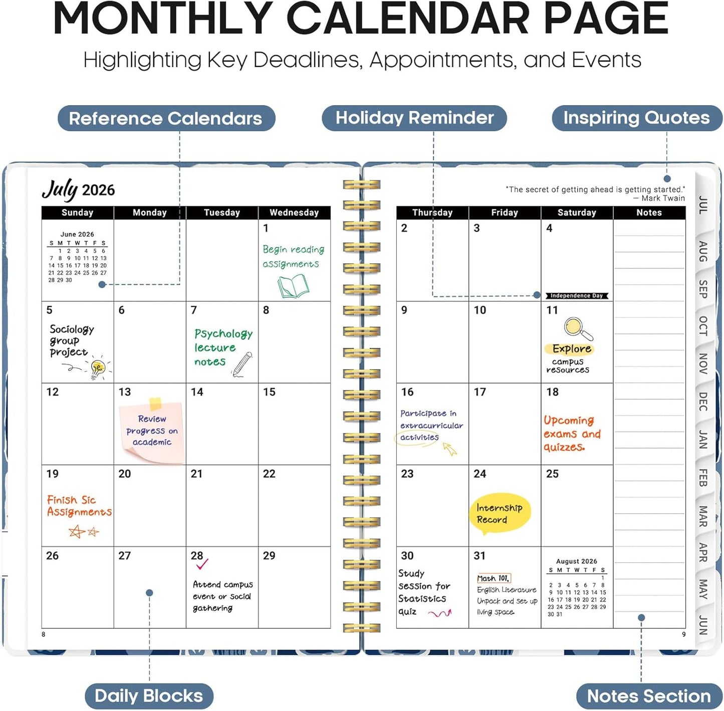 Planner 2026-2027, Academic Year Monthly and Weekly Calendar Planner, Jul 2026 - Jun 2027, Hardcover Teacher Student Planning Agenda book with Tabs, Perfect for School Office Supplies, 6.3" x 8.5" - Wildflowers