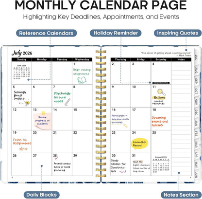 Planner 2026-2027, Academic Year Monthly and Weekly Calendar Planner, Jul 2026 - Jun 2027, Hardcover Teacher Student Planning Agenda book with Tabs, Perfect for School Office Supplies, 6.3" x 8.5" - Wildflowers