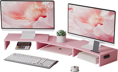 BONTEC Dual Monitor Stand Riser with Smartphone Holder, Adjustable Length & Swivel Angle, Ergonomic Wooden Desktop Organizer for PC Monitor, Laptop, Printer, Large Storage, White