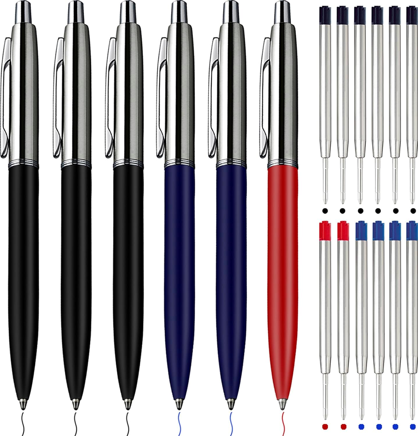 ChaoQ 3 Pcs Retractable Metal Ballpoint Pens, for Gift, Business, Office, 1.0mm Medium Point Black Ink, 6 Extras Replaceable Metal Refills - Stainess Steel