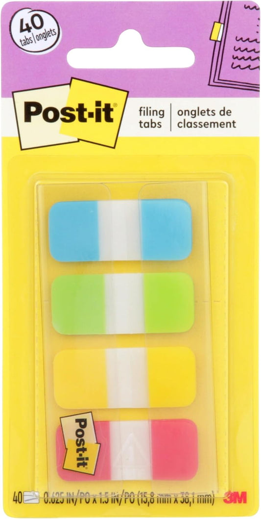Post-it Sticky Tabs, 0.625 in x 1.5 in., 4 Pads of Book Tabs in Assorted Colors for Bookmarking, Annotating, Reading, and Reminders, Blue, Green, Yellow, and Red Colors (40 Total Count)