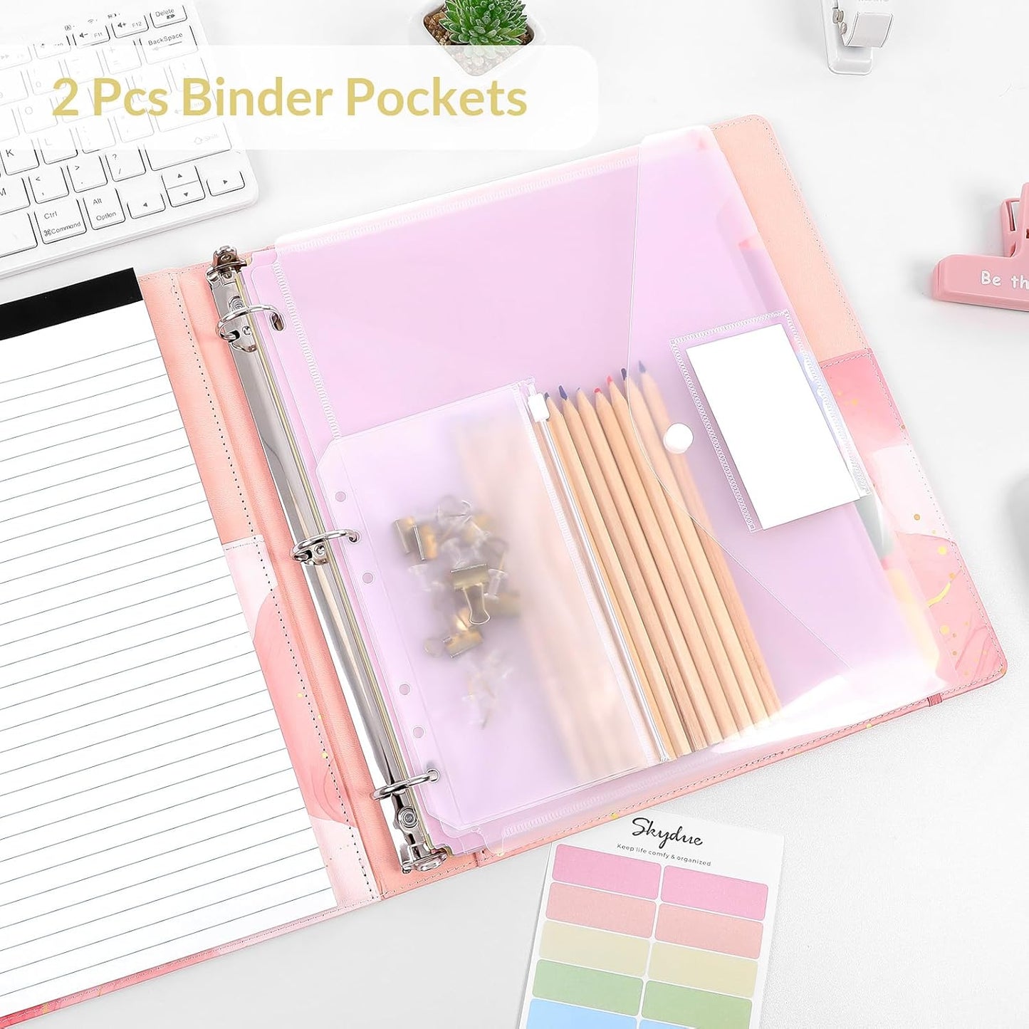 SKYDUE 1 Inch 3-Ring Binder with Clipboard, PU Aesthetic Binder with 5 Dividers, Notepad, Stickers & Pockets for Work and School (Letter Size)