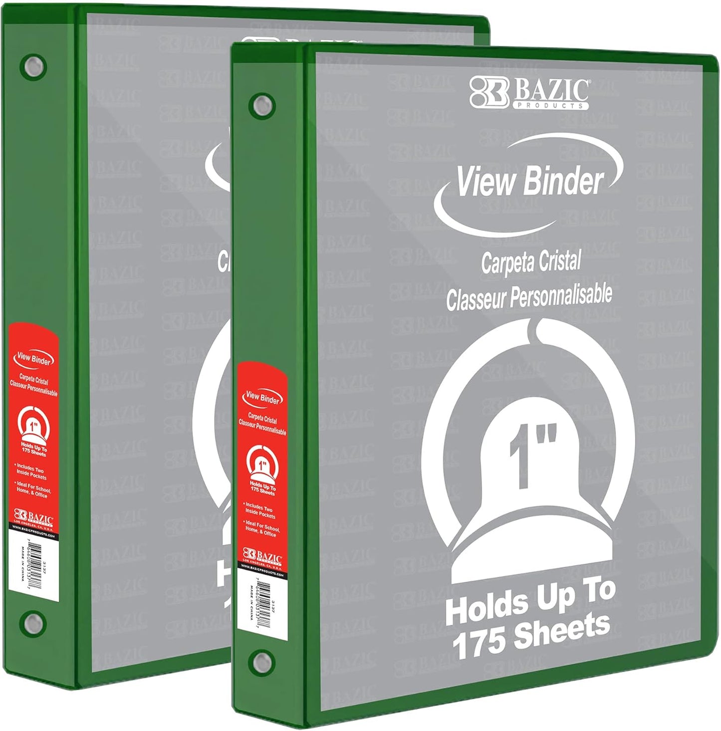 BAZIC Products 3 Ring Binder - Green, Economy View Binder with Clear Overlay Cover and Round Rings, Organizer for School Office Home Use, 1-inch Capacity Holds 175 Sheets Paper, 12-Pack