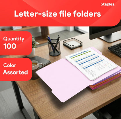 Staples File Folders, Letter Size, 1/3‑Cut Tabs, Purple, Durable 10.5‑Point Paper Stock, 100/Pack