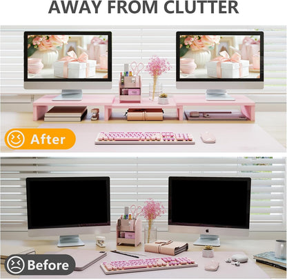 TAVR Dual Monitor Stand Riser Office Desktop Organizer Stand for 2 Monitors, Adjustable Length and Angle 3 Shelf, Extra Long Multifunctional Wooden Stand up to 43.3" fit Computer, Laptop, TV, Black