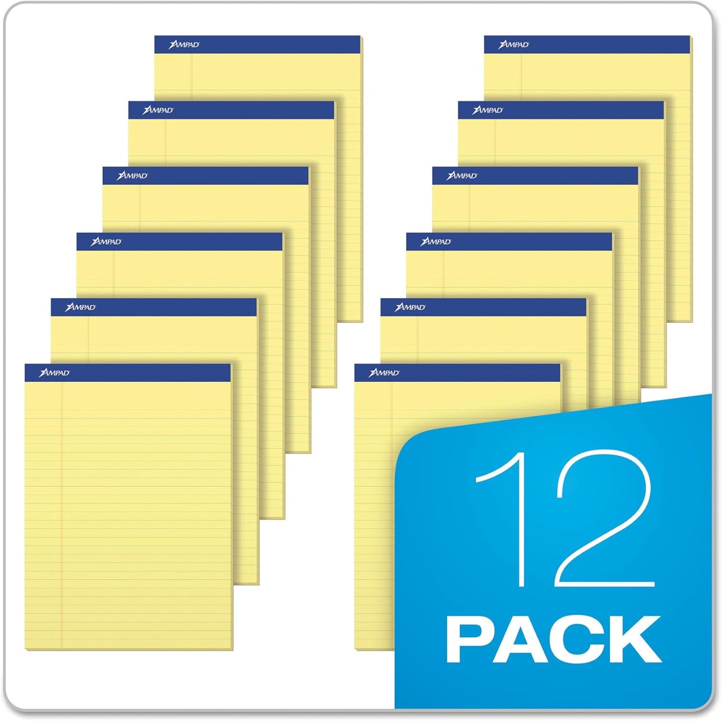 Ampad Writing Pads, 8-1/2" x 11-3/4", Legal Rule, Canary Paper, 50 Sheets, 12 Pack (20-220)