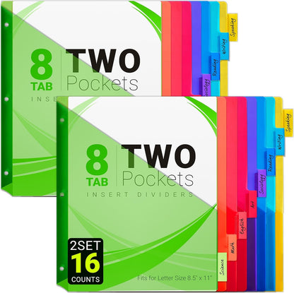 8-Tab Dividers for 3-Ring Binders, 16 Counts 3 Holes Index Dividers with 2 Pockets, Insertable 8 Tabs Binder Divider for 0.5''/1''/2''/3'' Inch Binders, 8 Colors