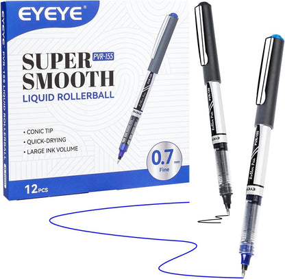 EYEYE Black Rollerball Pens 12 Pack, 0.7mm Medium Point Roller Ball Pen Quick Dry, Liquid Ink Pens Fine Point Smooth Writing Pen for Journaling, Note Taking, Office, School Supplies