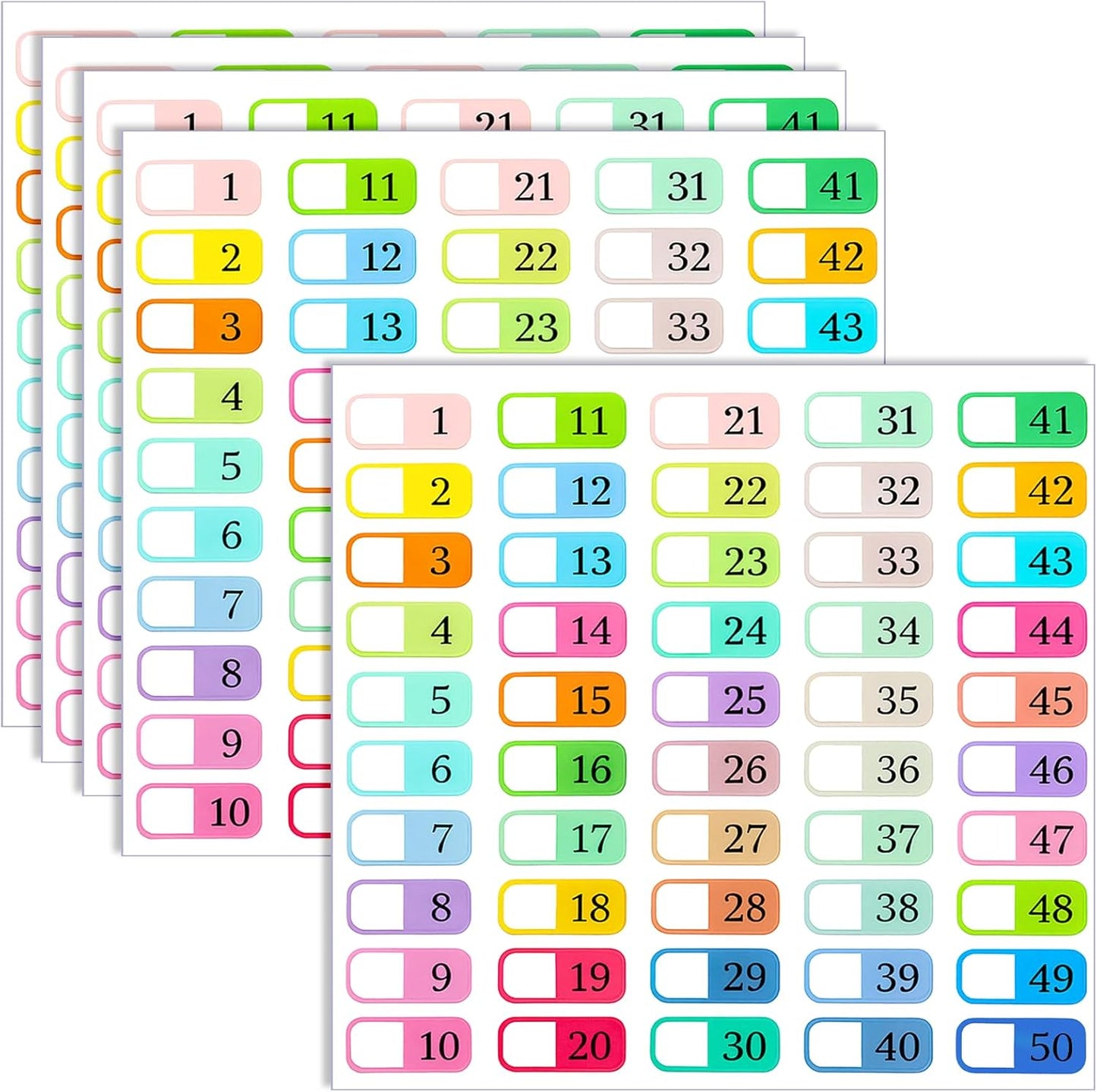 Index Tabs, 250 Pcs Multicolor Tab Dividers 1-50 Colorful Self Adhesive Sticky Tabs for Books Notebooks Alphabet Dividers for 3 Ring Binder Address Books with Alphabet Tab