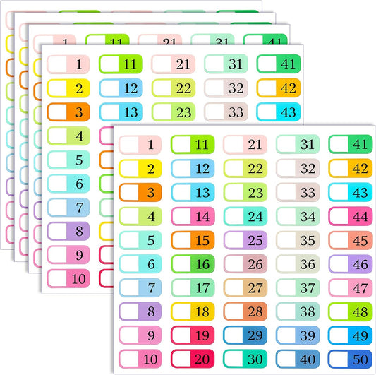 Index Tabs, 250 Pcs Multicolor Tab Dividers 1-50 Colorful Self Adhesive Sticky Tabs for Books Notebooks Alphabet Dividers for 3 Ring Binder Address Books with Alphabet Tab