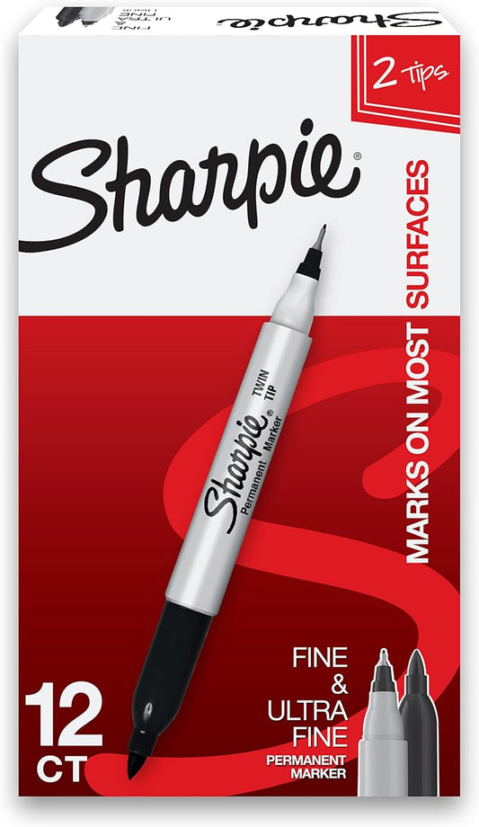 Sharpie Twin Tip Permanent Markers, Fine and Ultra Fine, Black, 12 Count