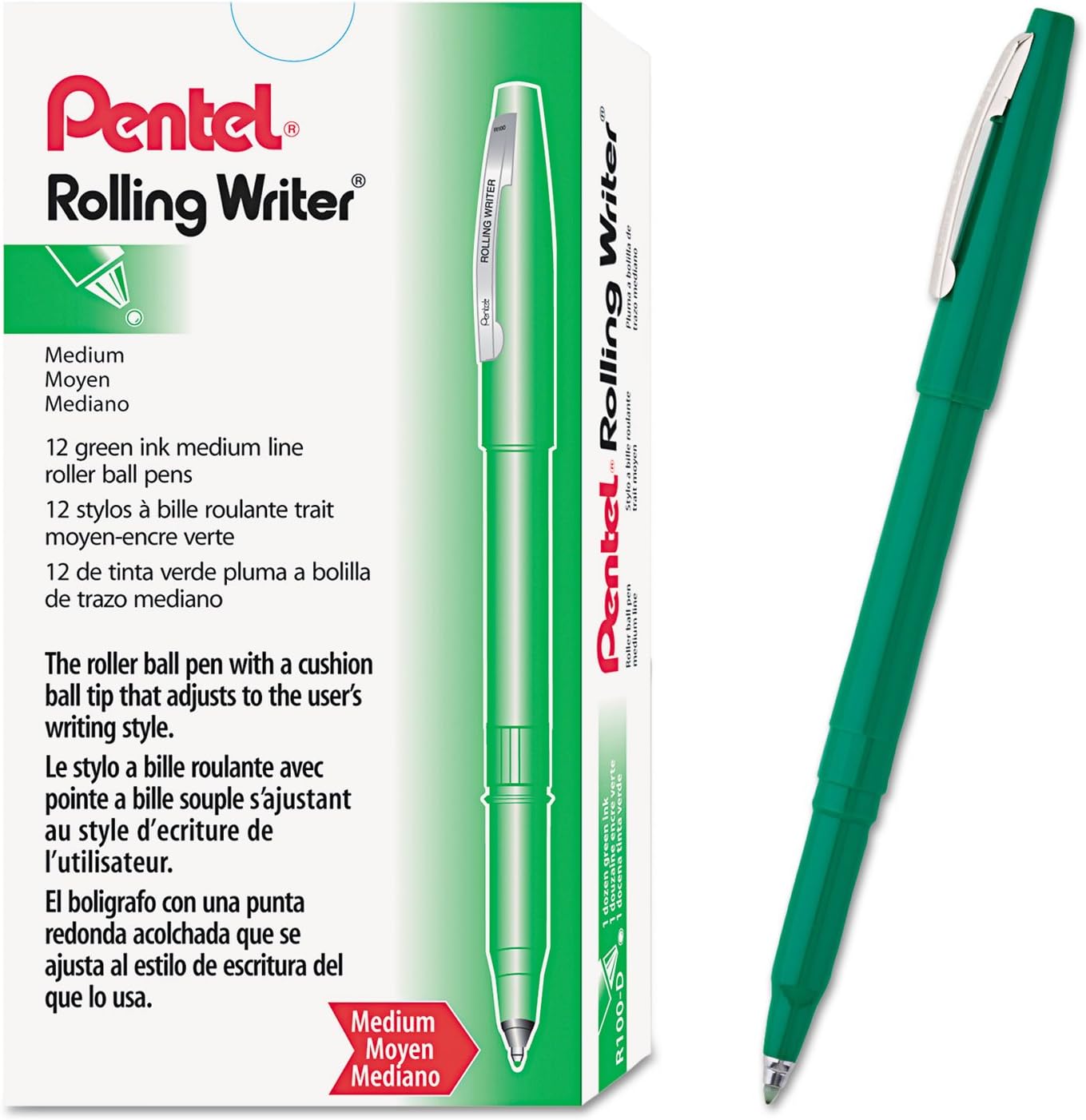 Pentel Rolling Writer Pen, 0.8 Millimeter Cushion Ball Tip, Black Ink, Box of 12 (R100-A)