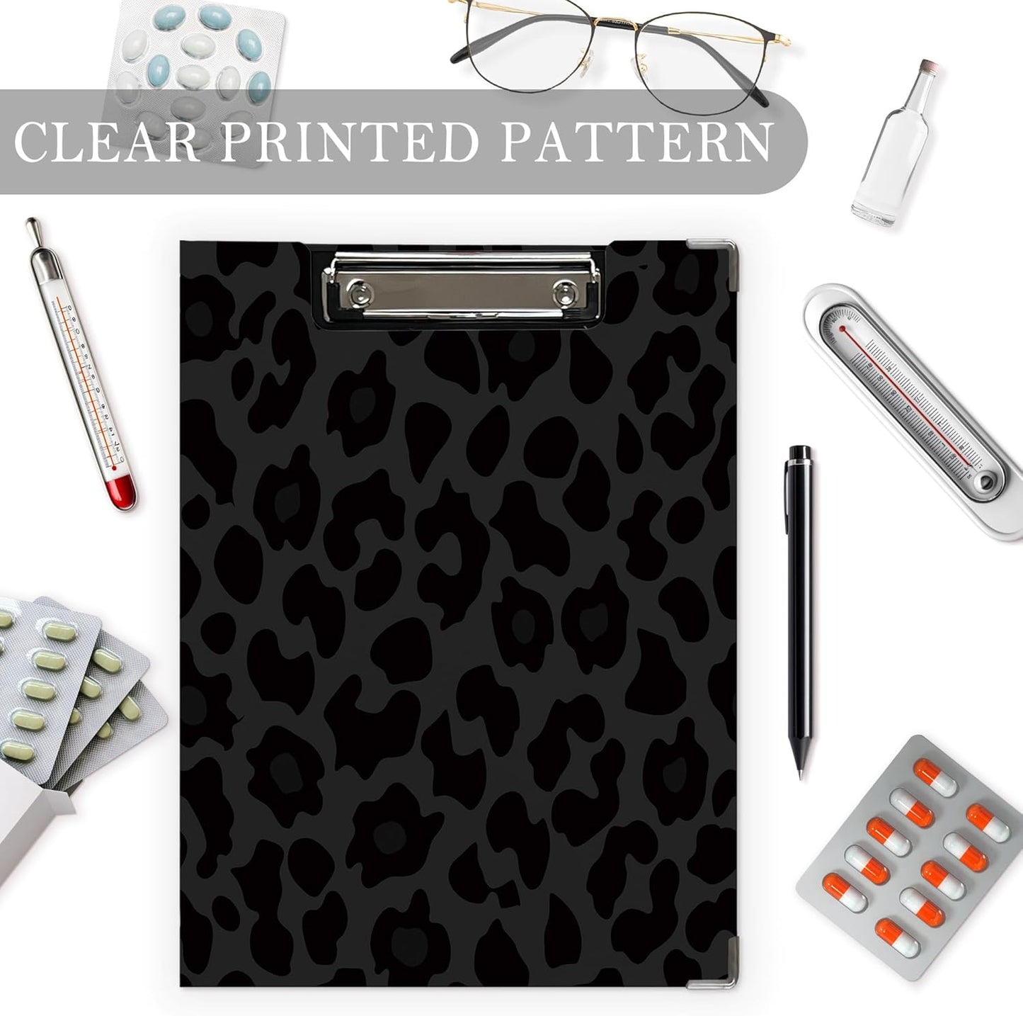 Trendy Black Leopard Print Clipboard Folio with Storage for Office Classroom, Preppy Dark Cheetah Print Padfolio with Metal Clip for Nurses Teachers Students Women Men, 12.4x9.25 in