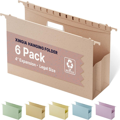 XINGIA Wheat Straw Reinforced Hanging File Folders Legal Size,4 Inch Expansion File Organizer,6 Pack Extra Capacity File Cabinet Folders for Bulky Files,Medical Charts,Filing Folders Hanging with Tabs