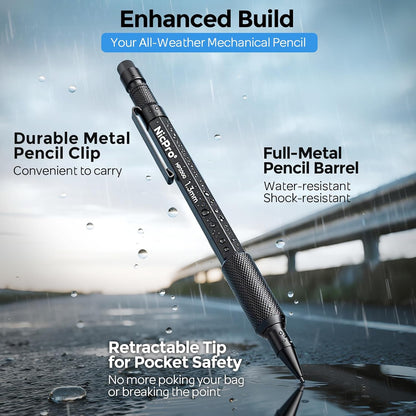 Nicpro 3 PCS 1.3 mm Orange Mechanical Pencils Set with 66 Lead Refill, 3 Eraser - Weatherproof Metal Barrel, Heavy Duty Carpenter Pencil MP2000 for Outdoor Marking Drafting Drawing Woodworking