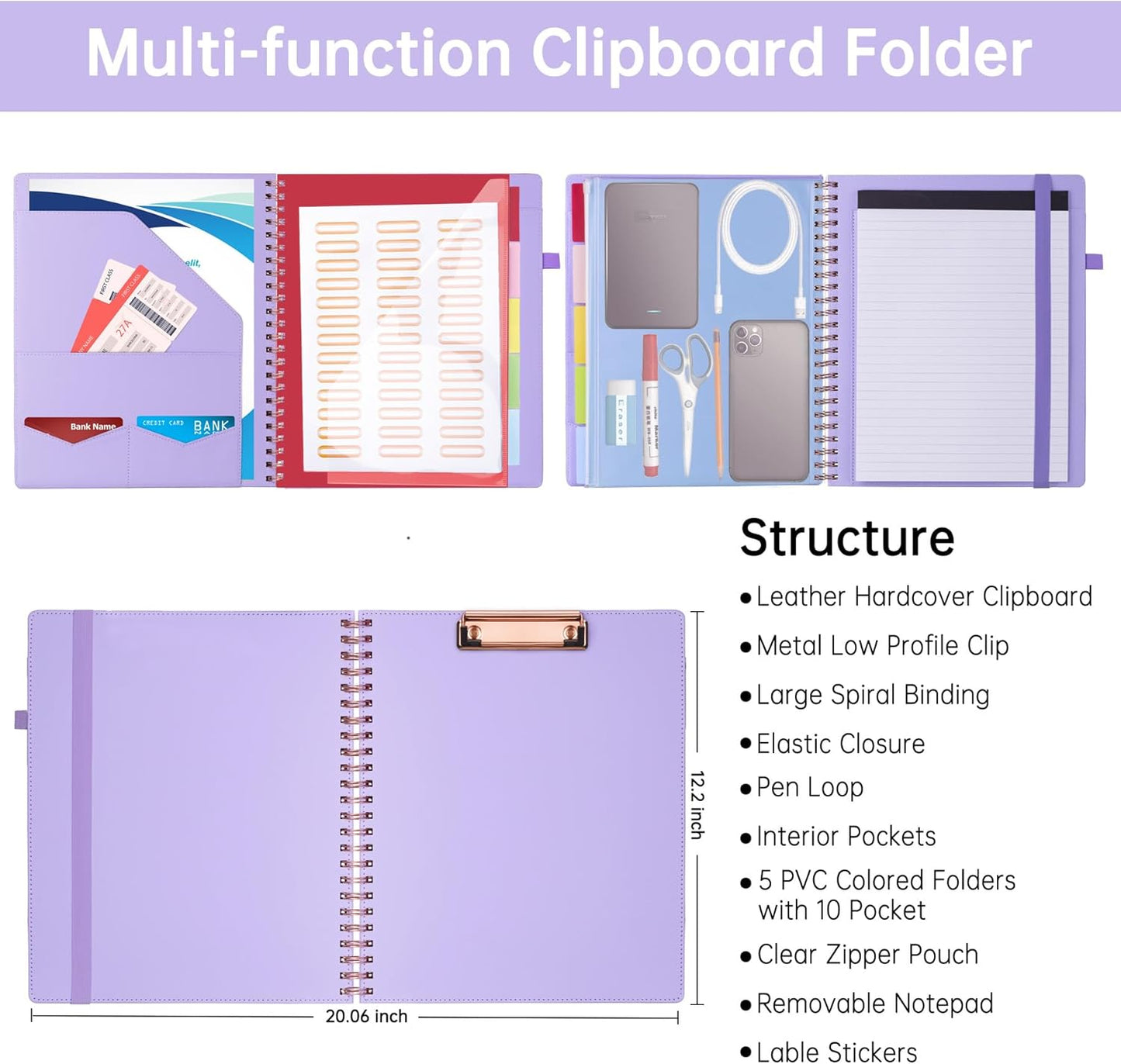 HAUTOCO Spiral Leather Clipboard Folio with Notepad (8.5 x 11''), 5 Folders with 10 Pockets, Storage Zipper Pouch, Pen Loop, 39 Stickers, Padfolio Organizer for Work School, Pink