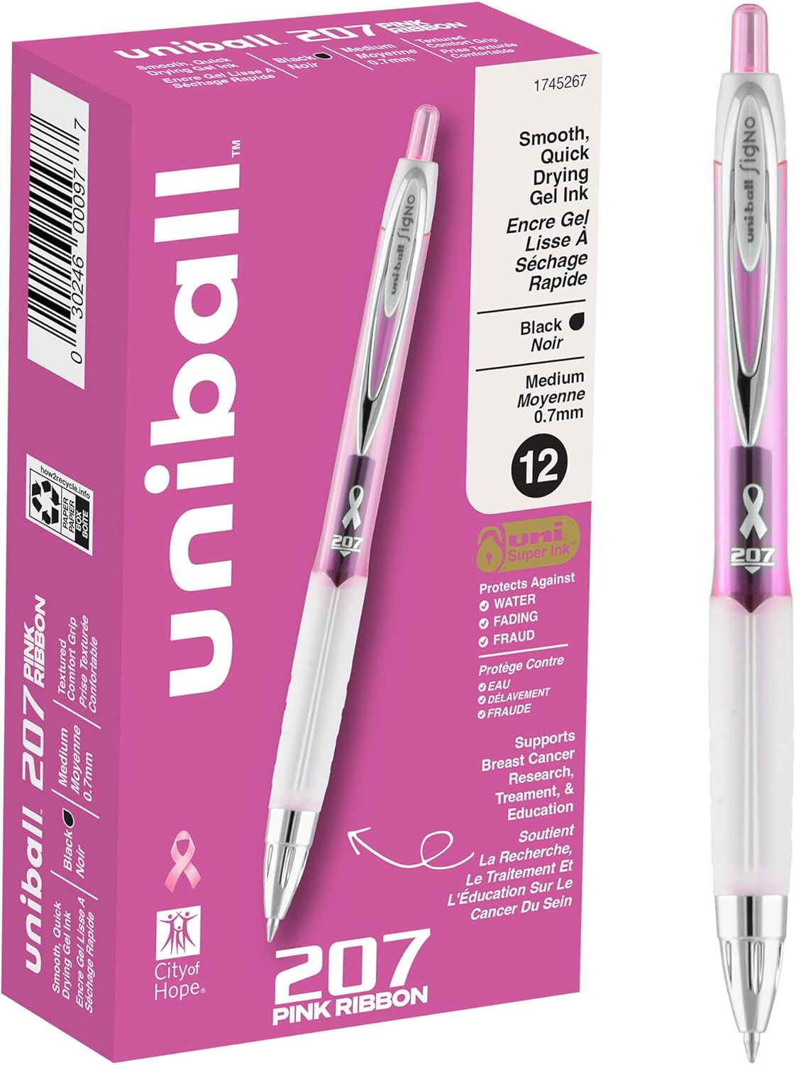 uni-ball 207 Retractable Gel Pens Medium Point, 0.7mm, Black, 12 Pack