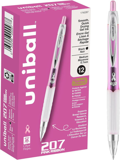 uni-ball 207 Retractable Gel Pens Medium Point, 0.7mm, Black, 12 Pack