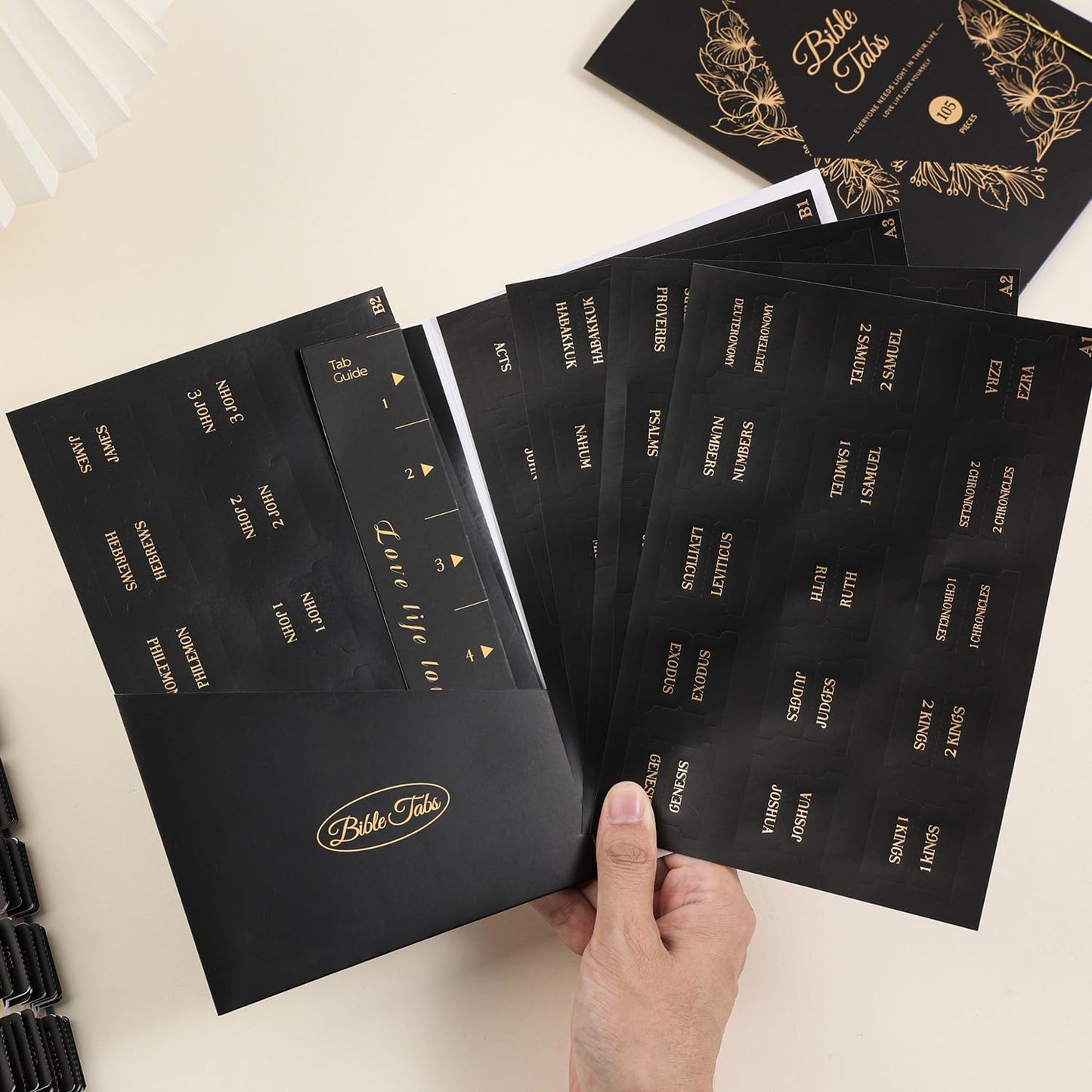 Laminated Bible Tabs, Gold Foil Embossed Lettering Bible Chapter Index Tabs for Women Men, Reposition Large Print Sticky Labels, Easy to Read and Apply, 105Chapters Labels for Easy Navigation (Black)