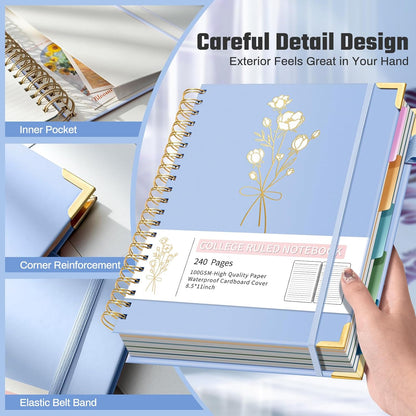 Hardcover Spiral Notebooks 8.5" X 11" Note Taking 5 Subject Notebook College Ruled with Dividers 240 Pages 100GSM Aesthetic Spiral Notebook for Work School Cute Journals for Women Writing
