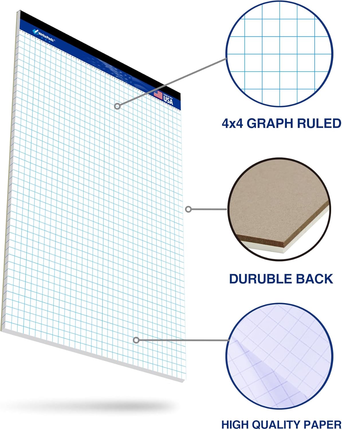 Graph Paper Pads 8.5 x 11, 4x4 Quad Ruled Graph Paper, 2 Pack, 50 Sheets Per Pad, White Graphing Paper Notebook with Sturdy Back & Micro-Perforated Pages, Made in USA, for School, Math, Drafting & Office