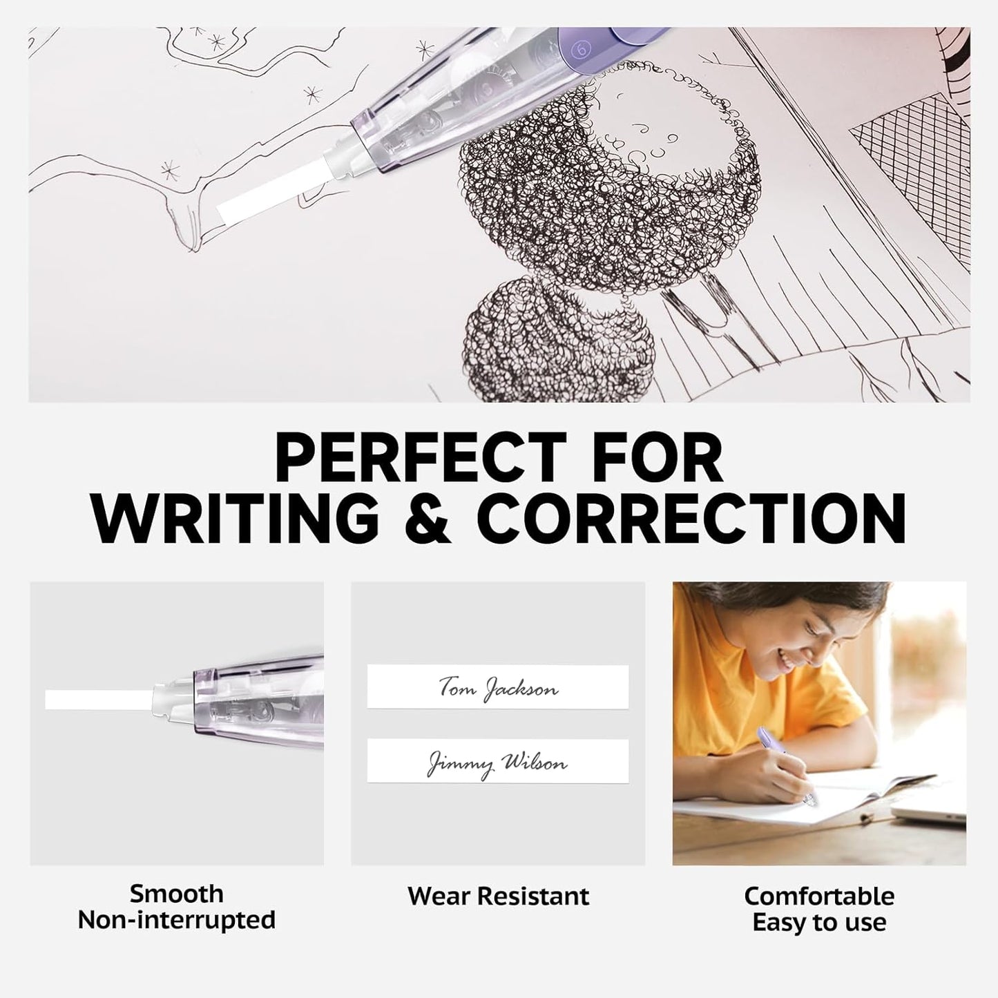 Refillable Retractable White Correction Tape, Pen Shaped White Smooth Pull Out Japanese Aesthetic Cute Correction Tape for Office Supplies, 4 PCS (ZH-87)
