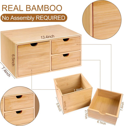 Charmewooden Bamboo Desk Organizer With Drawers Countertop Drawers Counter Storage Box Corner Desk Organizer for Home Office No Assembly Required (3 Drawers)