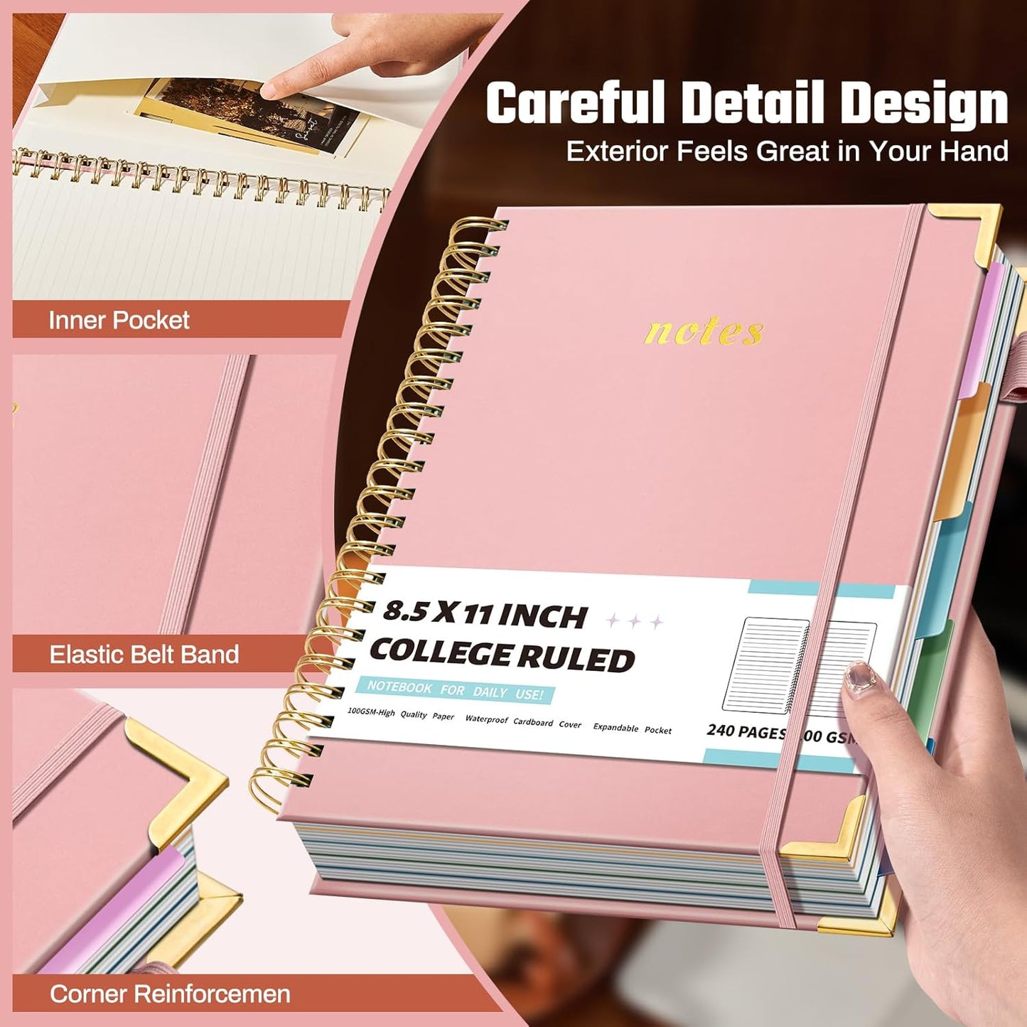 Hardcover Spiral Notebooks 8.5" X 11" Note Taking 5 Subject Notebook College Ruled with Dividers 240 Pages 100GSM Aesthetic Spiral Notebook for Work School Cute Journals for Women Writing