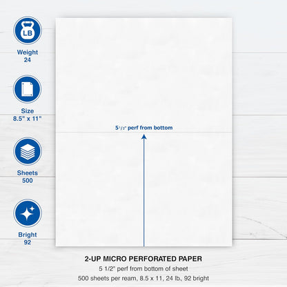 PrintWorks Professional 3 2/3" Horizontal Perforated Paper 8.5” x 11” - Perfect For W-2, 1099, & Statement Use - Made in the USA - 500 Sheets - 20 lb - Printer Compatible - White (04124)
