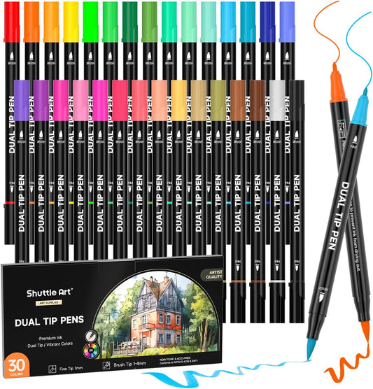 Shuttle Art Pastel Brush Pens, 56 Pastel Colouring Pens, Dual Tip Brush Markers with Fineliner Tip, Drawing Felt Tip Pens for Adults Colouring Books, Painting Sketching Calligraphy and Journaling